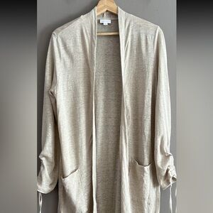 J Jill 100% linen Beige Open Front neutral Cardigan/ pockets XS lagenlook/layer